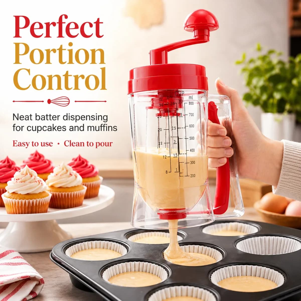 Dispensador de masa para tortitas Kindral llenando cápsulas de cupcake en una bandeja para magdalenas